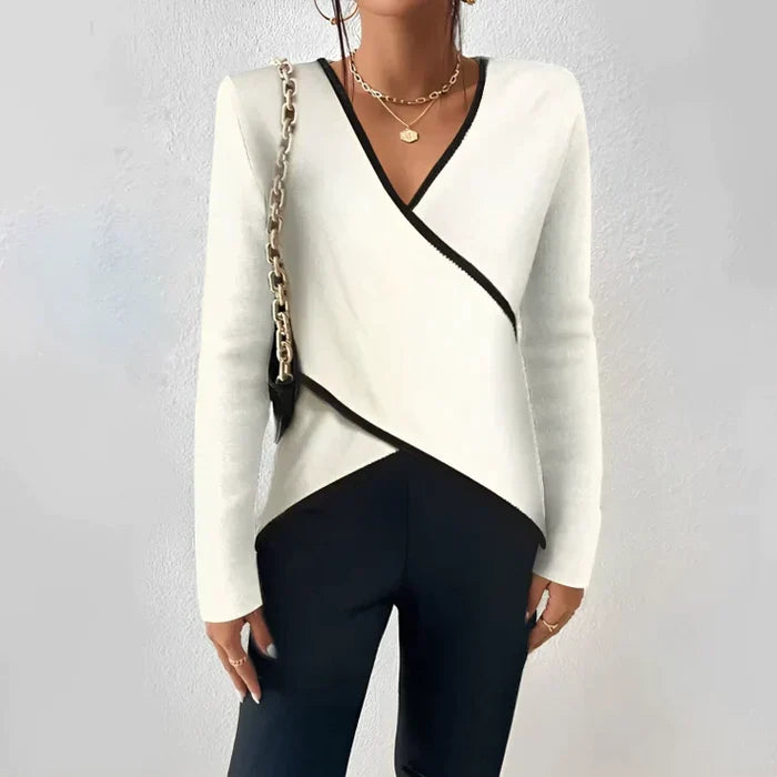 Nora | Women's V-Neck Long Sleeve Top Color Block Wrap Blouse
