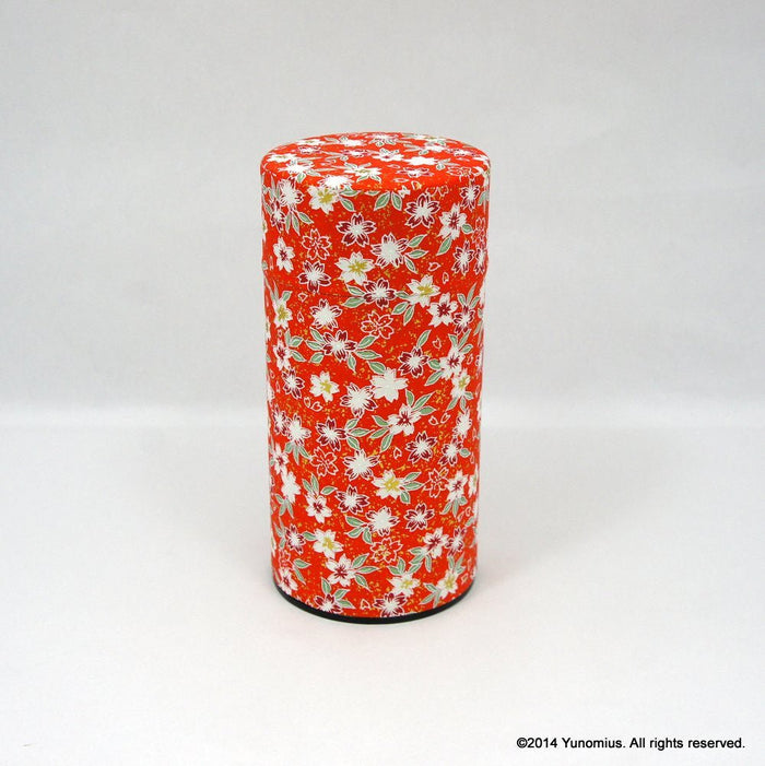 Okumura Seikan 774: Tea Canister, Chiyogami Washi Paper - Sakura Red (size for 175g sencha) - Yunomi.life