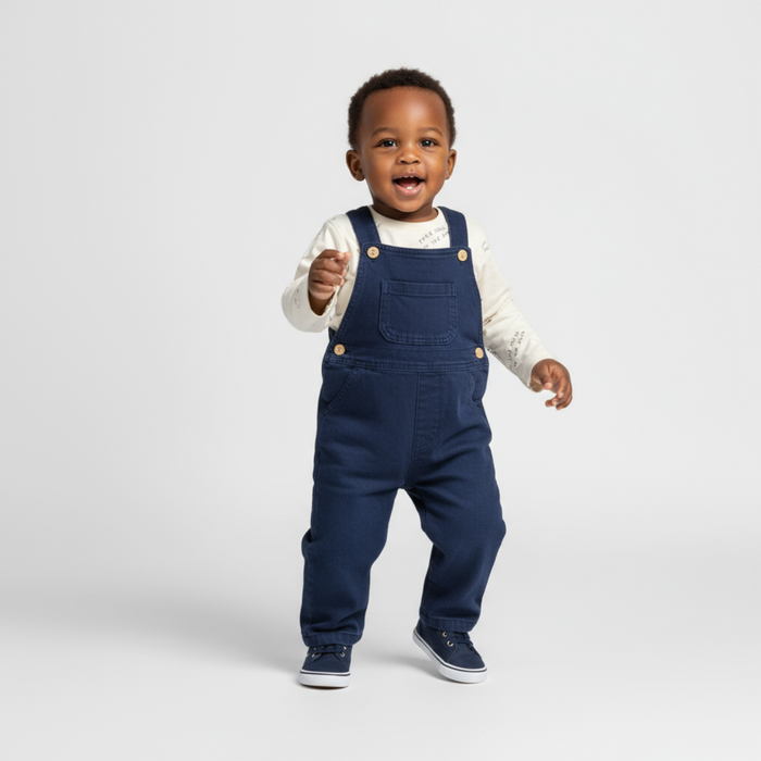Smiling baby in navy blue overalls, cream long-sleeve shirt, and matching navy sneakers standing against a light background.