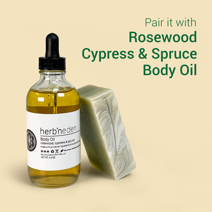all natural rosewood cypress & spruce bar soap | pairs well with rosewood cypress & spruce body oil | herbneden