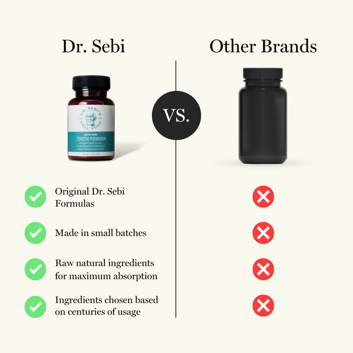 Dr. Sebi Tooth Powder compared to other brands, highlighting original formulas, small batch production, raw ingredients, a...