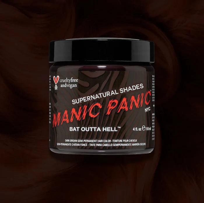 Manic Panic Classic High Voltage semi-permanent hair dye in shade Bat Outta Hell a vibrant, vegan hair color. Image shows a jar of Bat Outta Hell hair dye placed on top of a wavy chocolate brown hair swatch.
