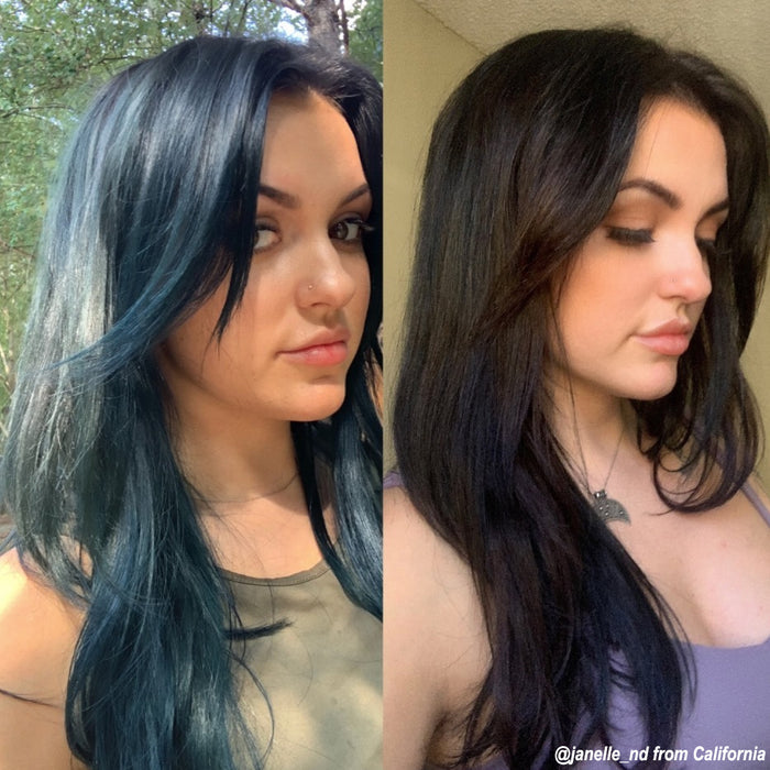Before and after shots of a woman transitioning her hair color to Bat Outta Hell™ - Supernatural Shades - Classic High Voltage® - natural hair color,