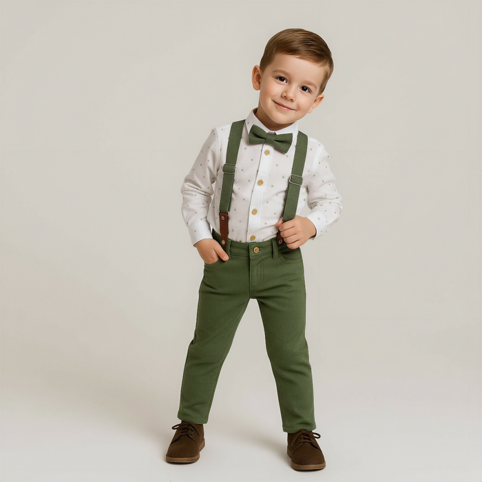 Young boy wearing a white shirt with a bow tie, green suspenders, and green pants on a plain background