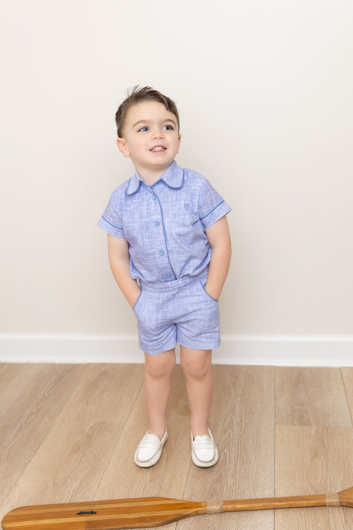 Blue Linen Piped Shorts