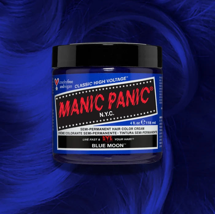 Manic Panic Classic High Voltage semi-permanent hair dye in shade Blue Moon a vibrant, vegan hair color. Image shows a jar of Blue Moon hair dye placed on top of a wavy blue moon hair swatch.