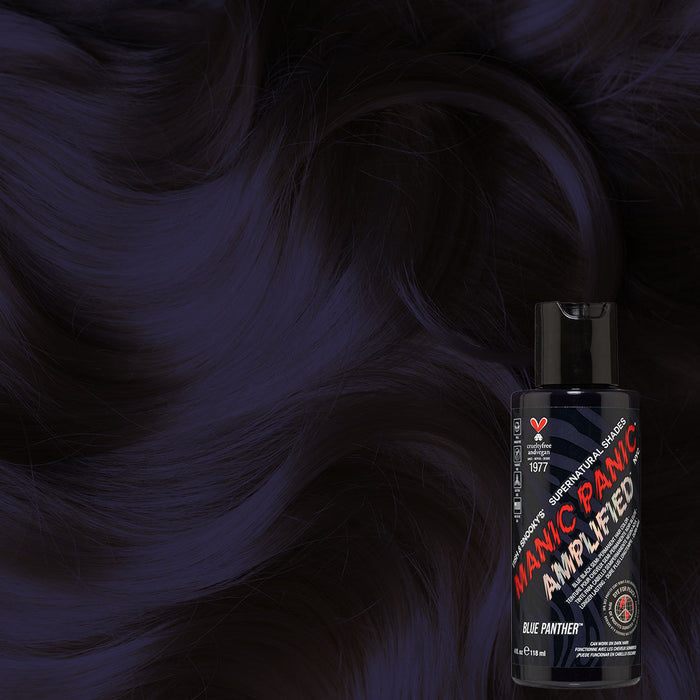 A jar of Blue Panther hair color with a hair swatch background