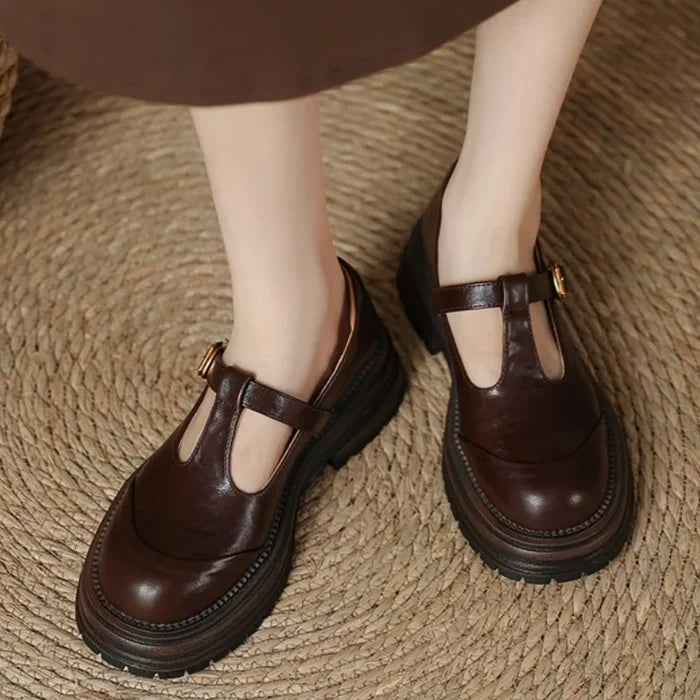 Blythe | Women's T-Bar Mary Jane Shoes Round Toe Brogue Low Heel