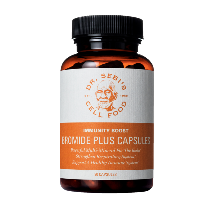 Dr. Sebi's Bromide Plus Capsules bottle with orange label for immunity boost and respiratory support.