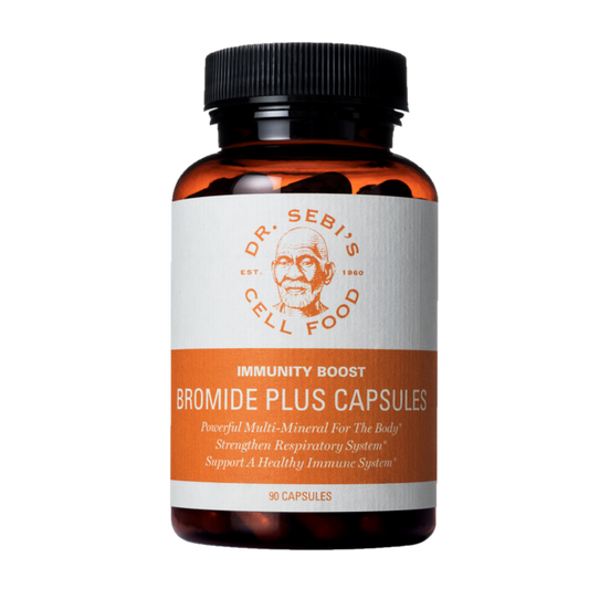 Dr. Sebi's Bromide Plus Capsules bottle with orange label for immunity boost and respiratory support.