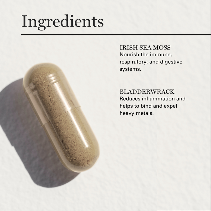 Dr. Sebi herbal supplement capsule with Irish Sea Moss and Bladderwrack ingredients listed.