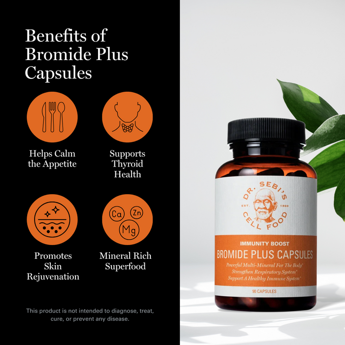 Dr. Sebi's Bromide Plus Capsules with benefits icons for appetite, thyroid, skin, and minerals displayed.