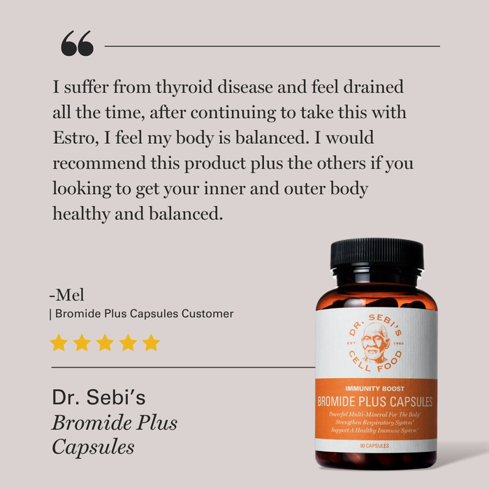 Customer testimonial for Dr. Sebi's Bromide Plus Capsules with 5-star rating and product bottle on beige background.