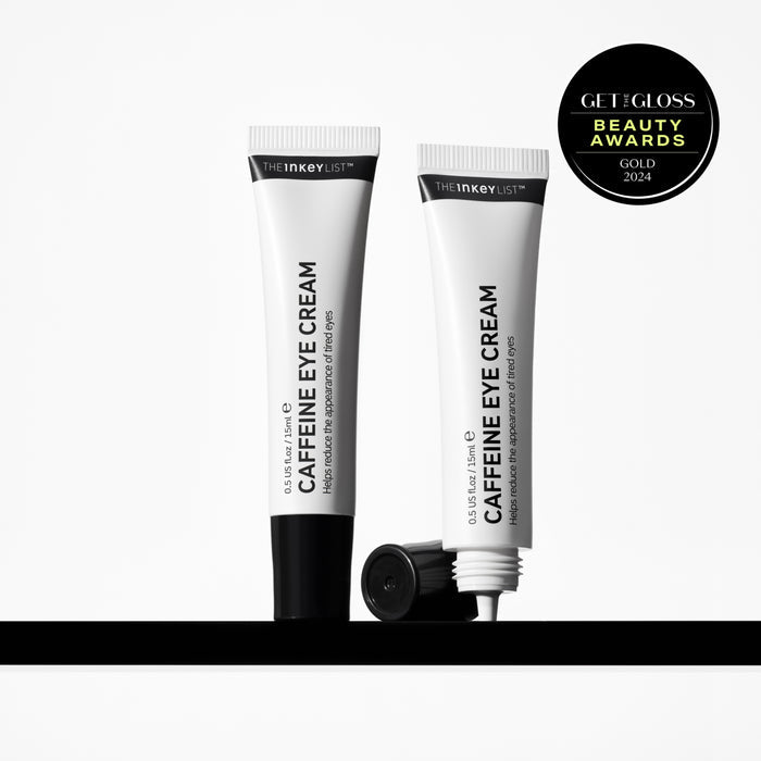 Caffeine Eye Cream duo on shelf with Get the Gloss 2024 gold award