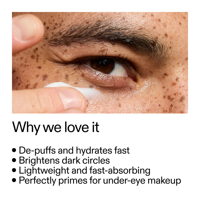 Close-up of eye with under-eye cream application and text about product benefits.
