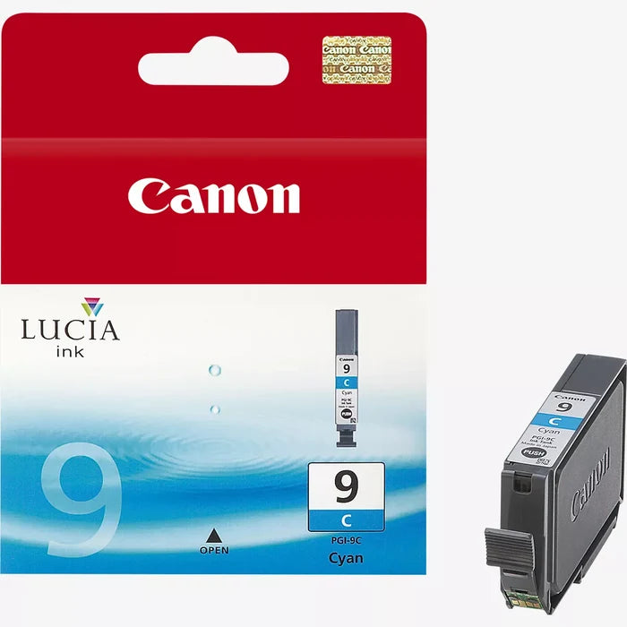Canon PGI-9C cyan ink cartridge packaging with visible branding.