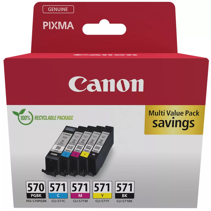 Canon PGI-570 / CLI-571 Genuine Ink Cartridges, Pack of 5 2 x Black, Cyan, Magenta, Yellow - Cardboard Multipack