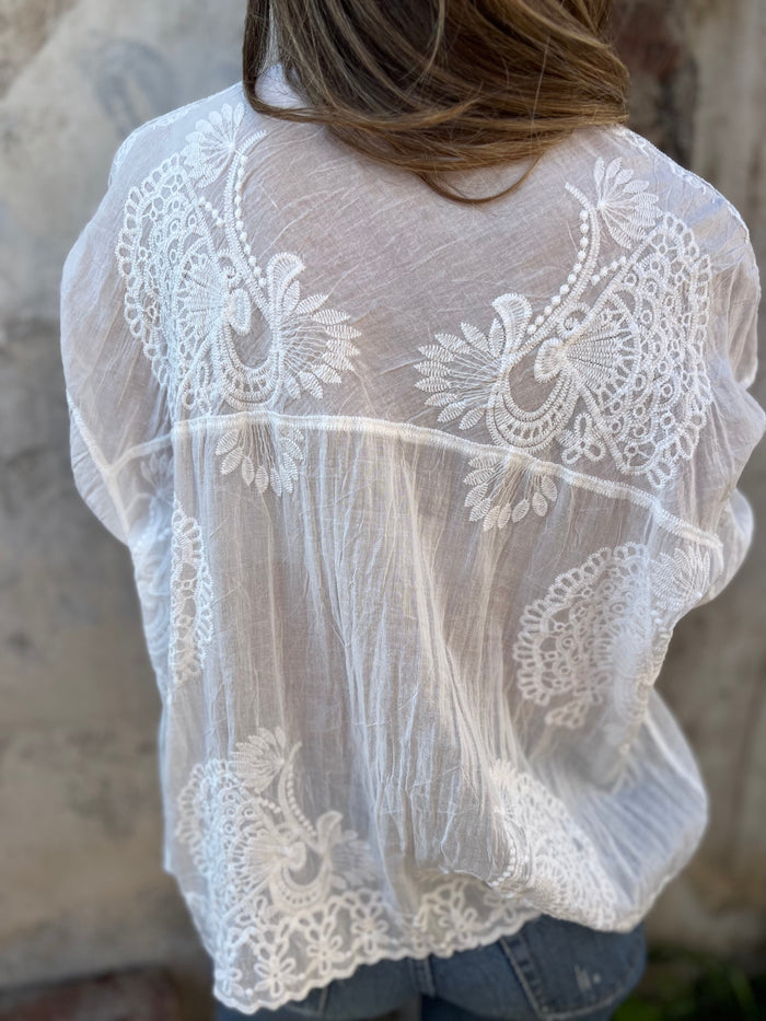Celeste | Women's Lace Embroidered Blouse Button Down 3/4 Sleeve