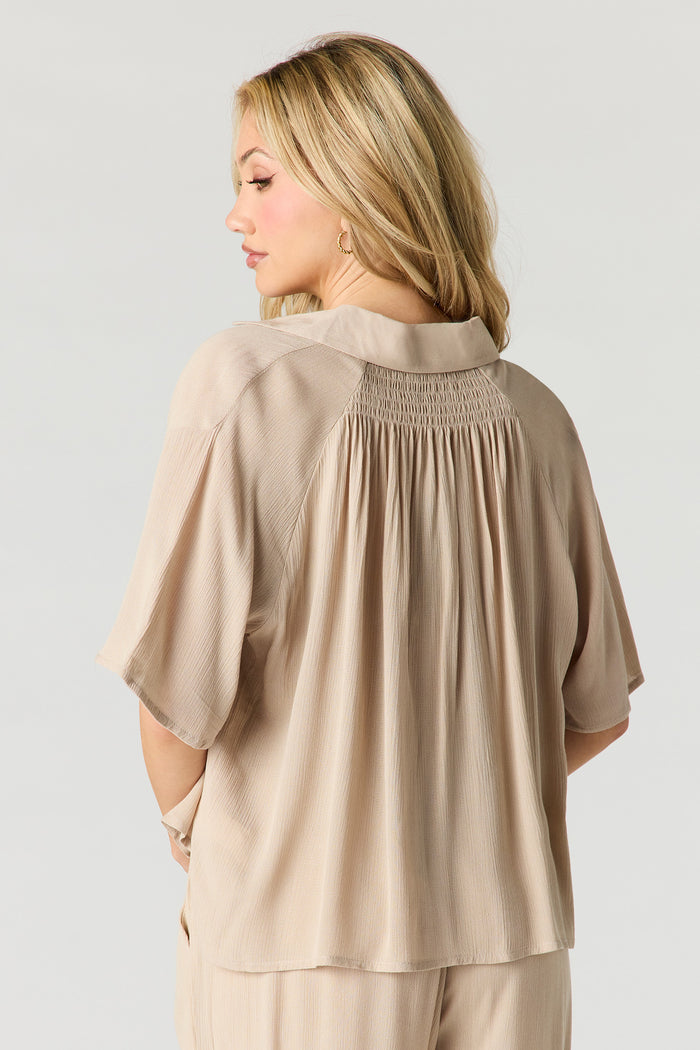 Crinkled Short Sleeve Button-Up Top
