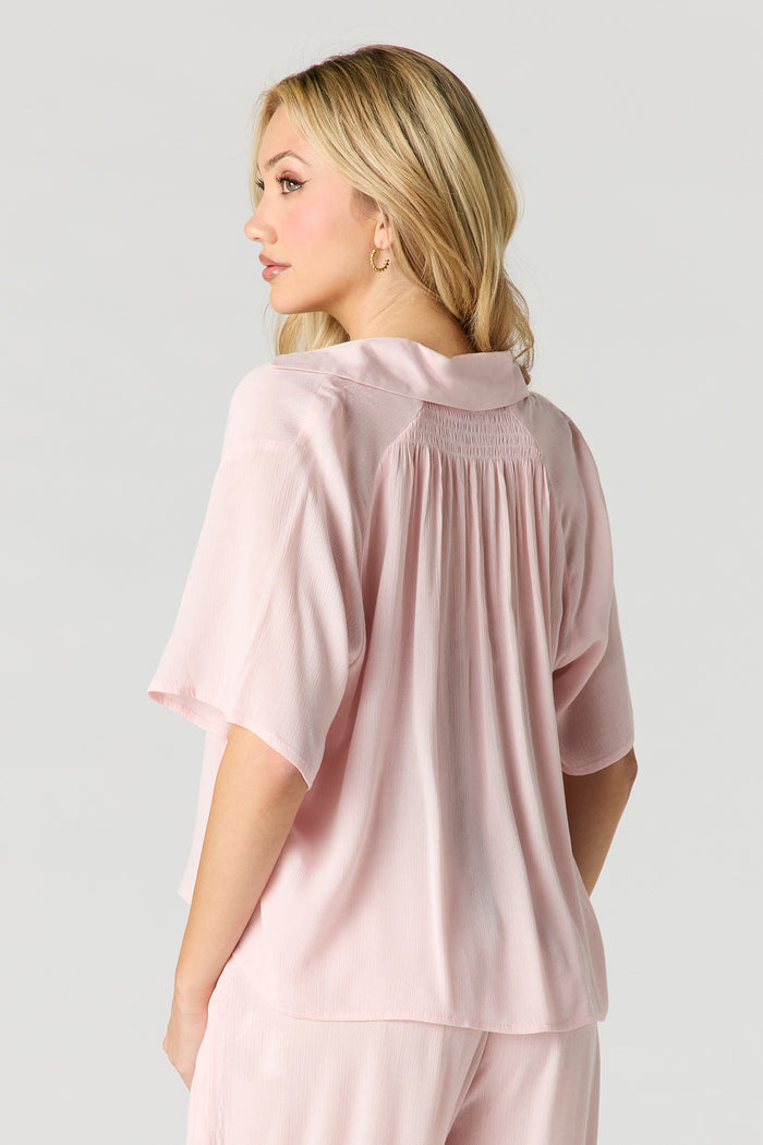 Crinkled Short Sleeve Button-Up Top