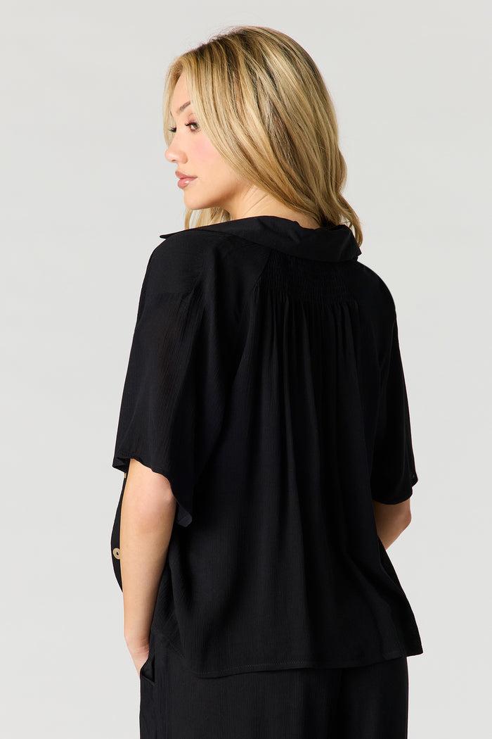 Crinkled Short Sleeve Button-Up Top