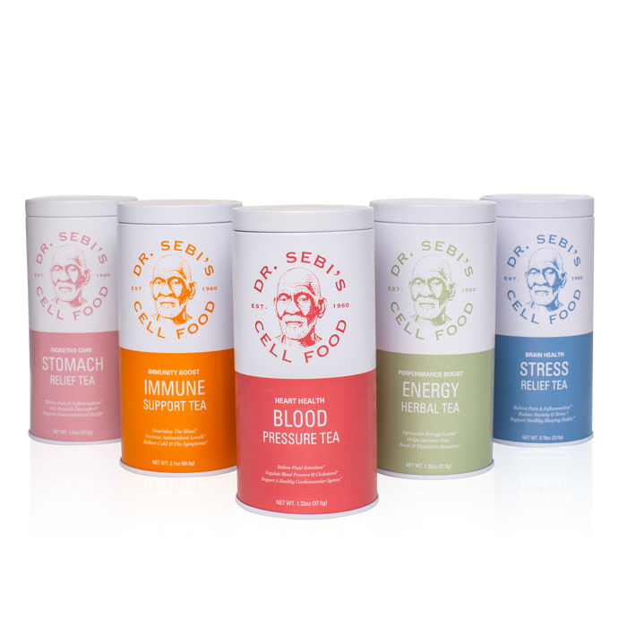 Dr. Sebi's Cell Food herbal tea collection featuring five colorful canisters for digestive, immune, heart, energy, and str...