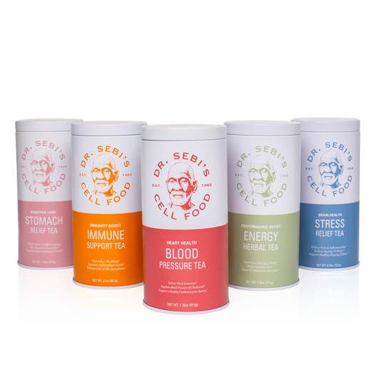 Dr. Sebi's Cell Food herbal tea collection featuring five colorful canisters for digestive, immune, heart, energy, and str...