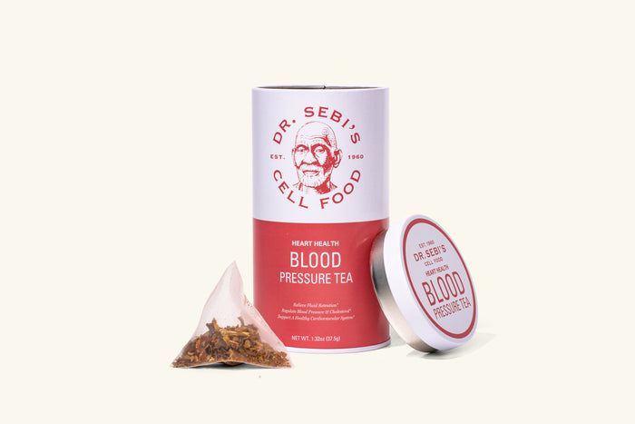 Dr. Sebi's Blood Pressure Tea product display with cylindrical container, loose leaf tea bag, and lid on white background.