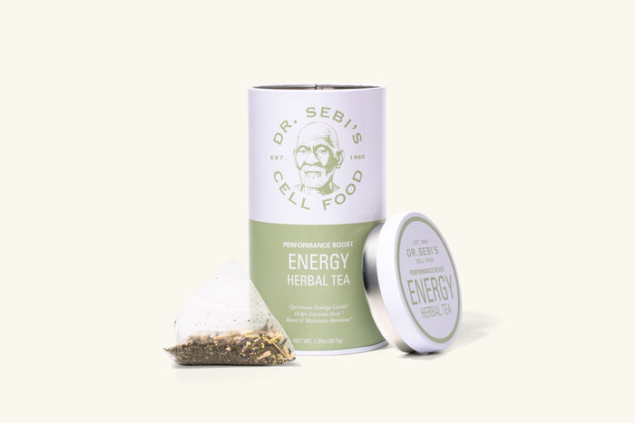 Dr. Sebi's Performance Boost Energy Herbal Tea with loose tea sachet and circular tin container on white background.