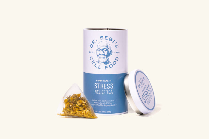 Dr. Sebi's Stress Relief Tea with loose herbal tea bag and product packaging displayed against a cream background.