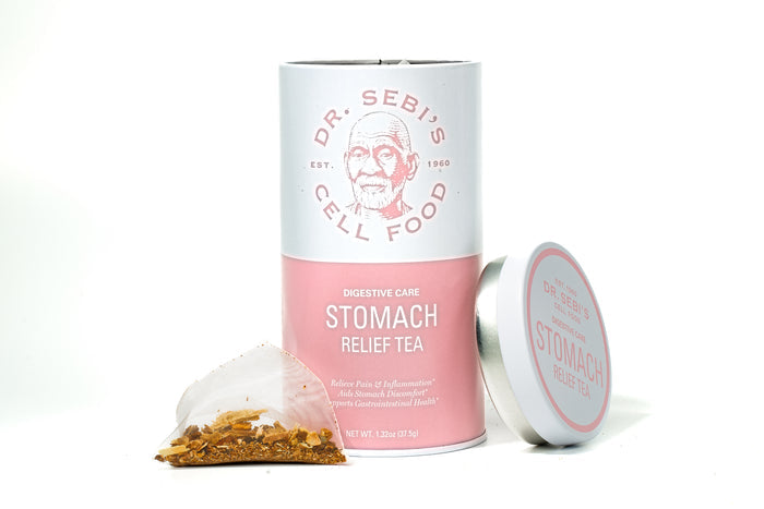 Dr. Sebi's Stomach Relief Tea with loose herbal blend and packaging displayed against white background.