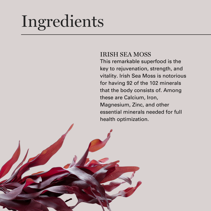 Irish Sea Moss ingredient description with deep red seaweed against beige background highlighting 92 essential minerals.