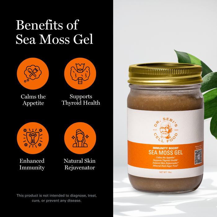 Dr. Sebi's Sea Moss Gel jar with benefits icons highlighting immunity boost, thyroid support, appetite control, and skin r...