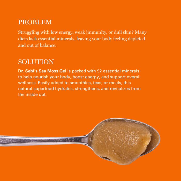 Dr. Sebi's Sea Moss Gel on a spoon against an orange background highlighting its mineral-rich superfood benefits.