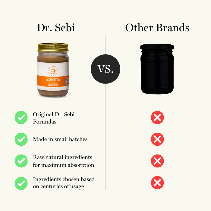 Dr. Sebi Sea Moss Gel compared to other brands, highlighting original formulas, small batch production, raw ingredients, a...