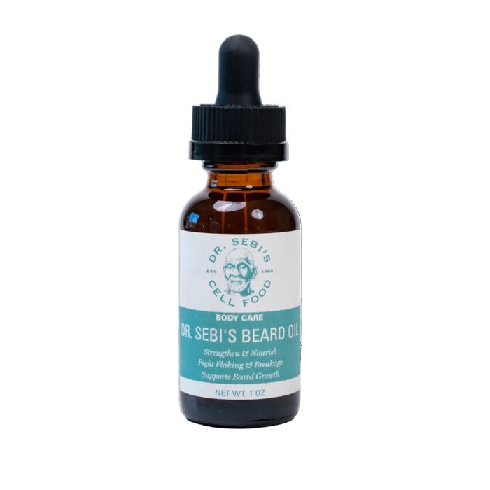 Dr. Sebi's Beard Oil in amber glass dropper bottle with black cap, 1 oz size, for beard strengthening and growth support.