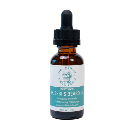 Dr. Sebi's Beard Oil in amber glass dropper bottle with black cap, 1 oz size, for beard strengthening and growth support.