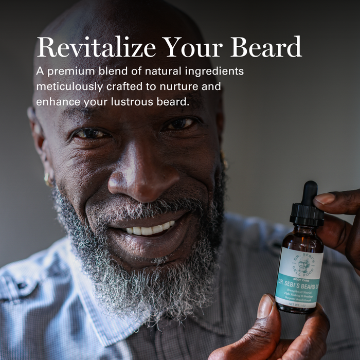 Man holding Dr. Sebi's Beard Oil bottle, smiling with full beard, promoting natural beard care product.