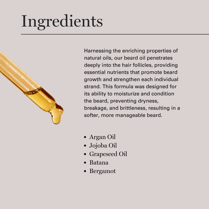Beard oil ingredients list featuring argan, jojoba, and grapeseed oils with descriptive text and dropper applicator.