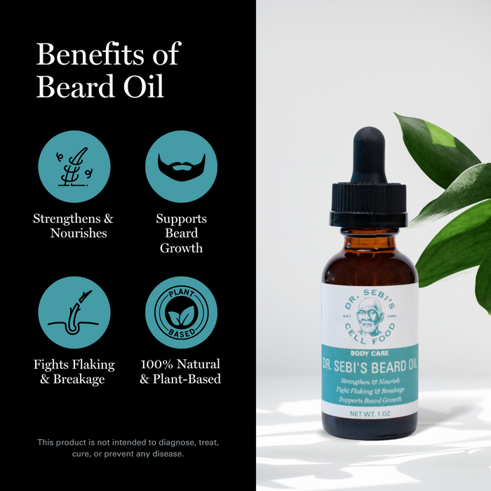 Dr. Sebi's Beard Oil bottle with plant leaves and four benefits icons: strengthens & nourishes, supports beard growth, fig...