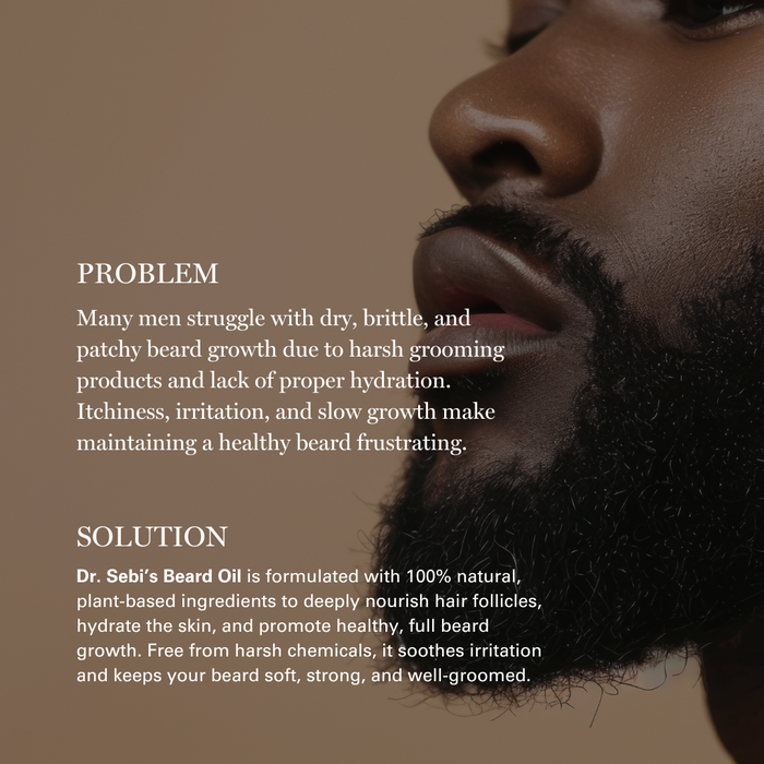 Man with full beard next to Dr. Sebi's Beard Oil product description highlighting natural ingredients for beard growth and...