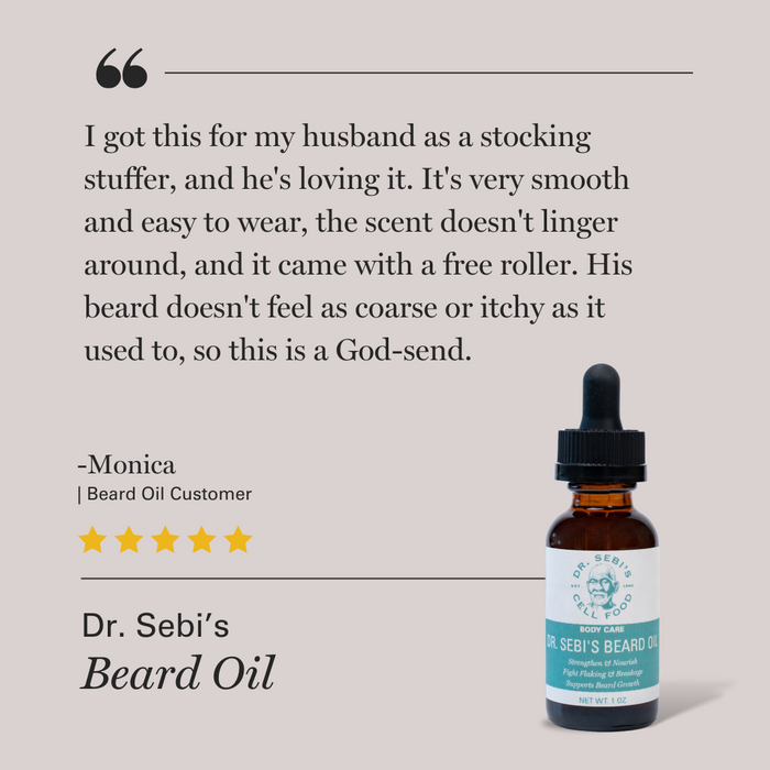 Five-star customer review for Dr. Sebi's Beard Oil praising its smooth texture and effectiveness.