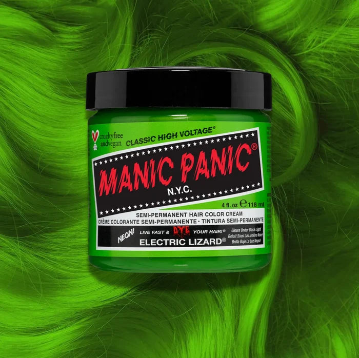 Manic Panic Classic High Voltage semi-permanent hair dye in shade Electric Lizard a vibrant, vegan hair color. Image shows a jar of Electric Lizard hair dye placed on top of a wavy neon green hair swatch.