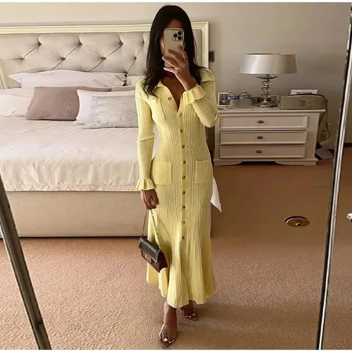 Elegant Autumn Dress Women  Ribbed Knit Midi Dress Slim Fit