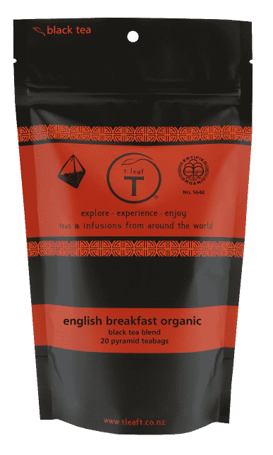 English breakfast organic pyramids Pyramid 20s + tin front view | pyramid tea bags New Zealand | t leaf T