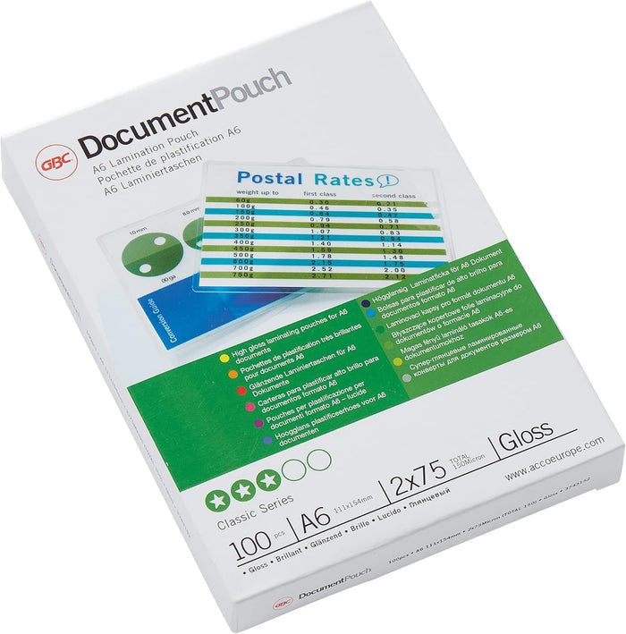 GBC Laminating Pouches A6 75 µm (Pack 100) - Image 2 - Office R Us