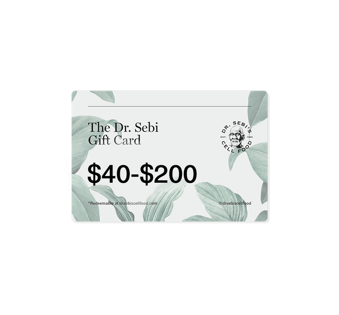 Dr. Sebi Gift Card ranging from $40-$200 with botanical leaf design and branding.