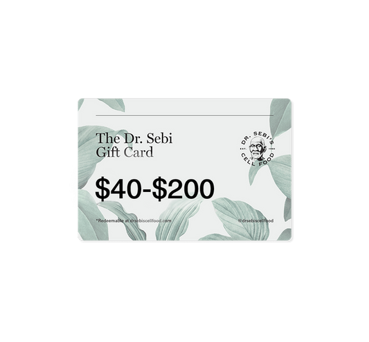Dr. Sebi Gift Card ranging from $40-$200 with botanical leaf design and branding.