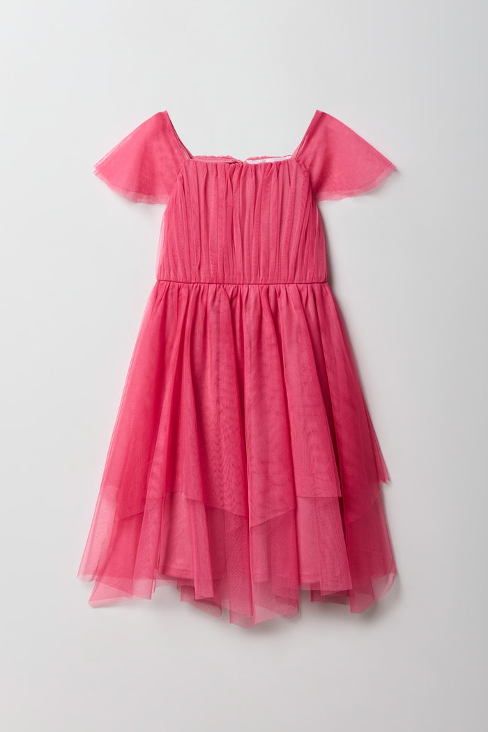 Girls Tulle Ruffle Sleeve Dress