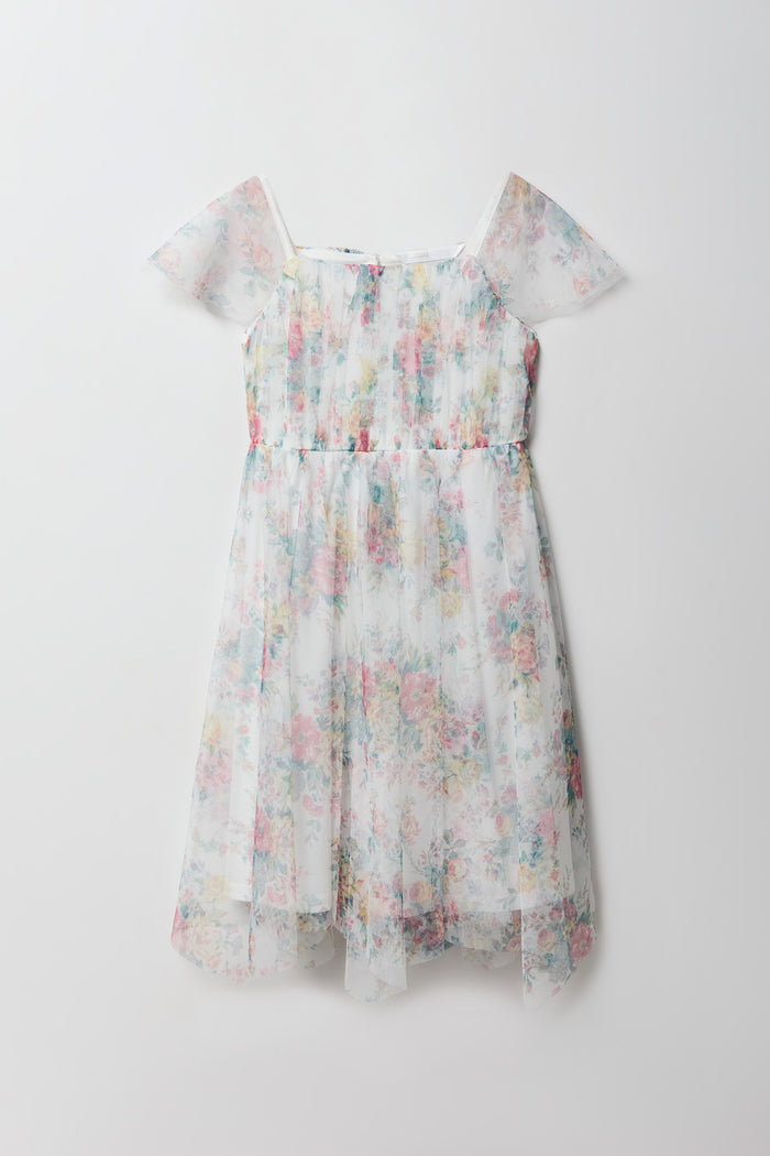 Girls Tulle Ruffle Sleeve Dress